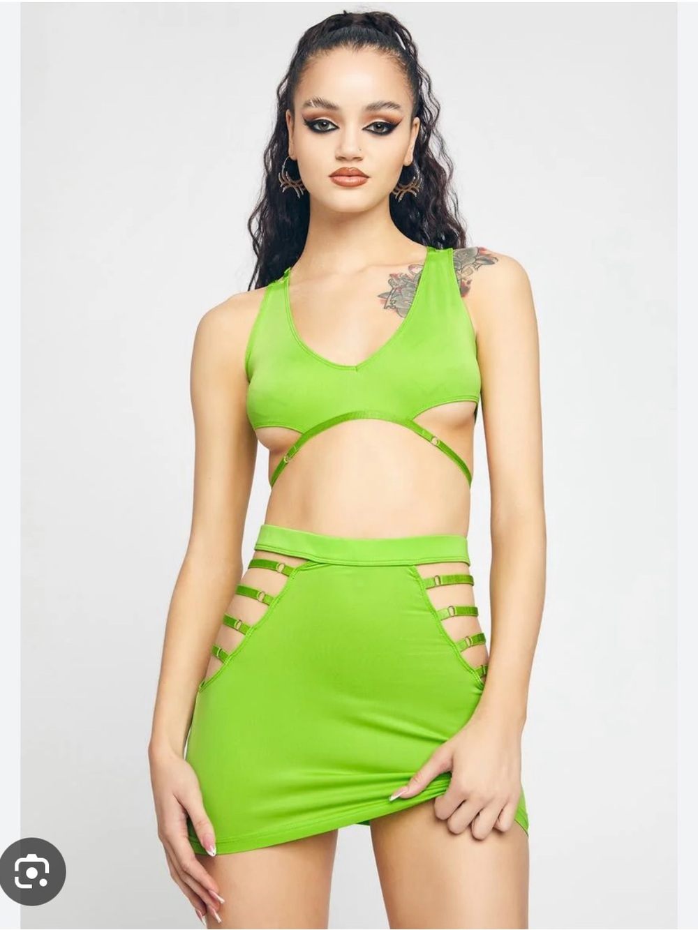 Poster Girl Neon Green Strappy V-Neck Crop Top and Mini Skirt Set - Women